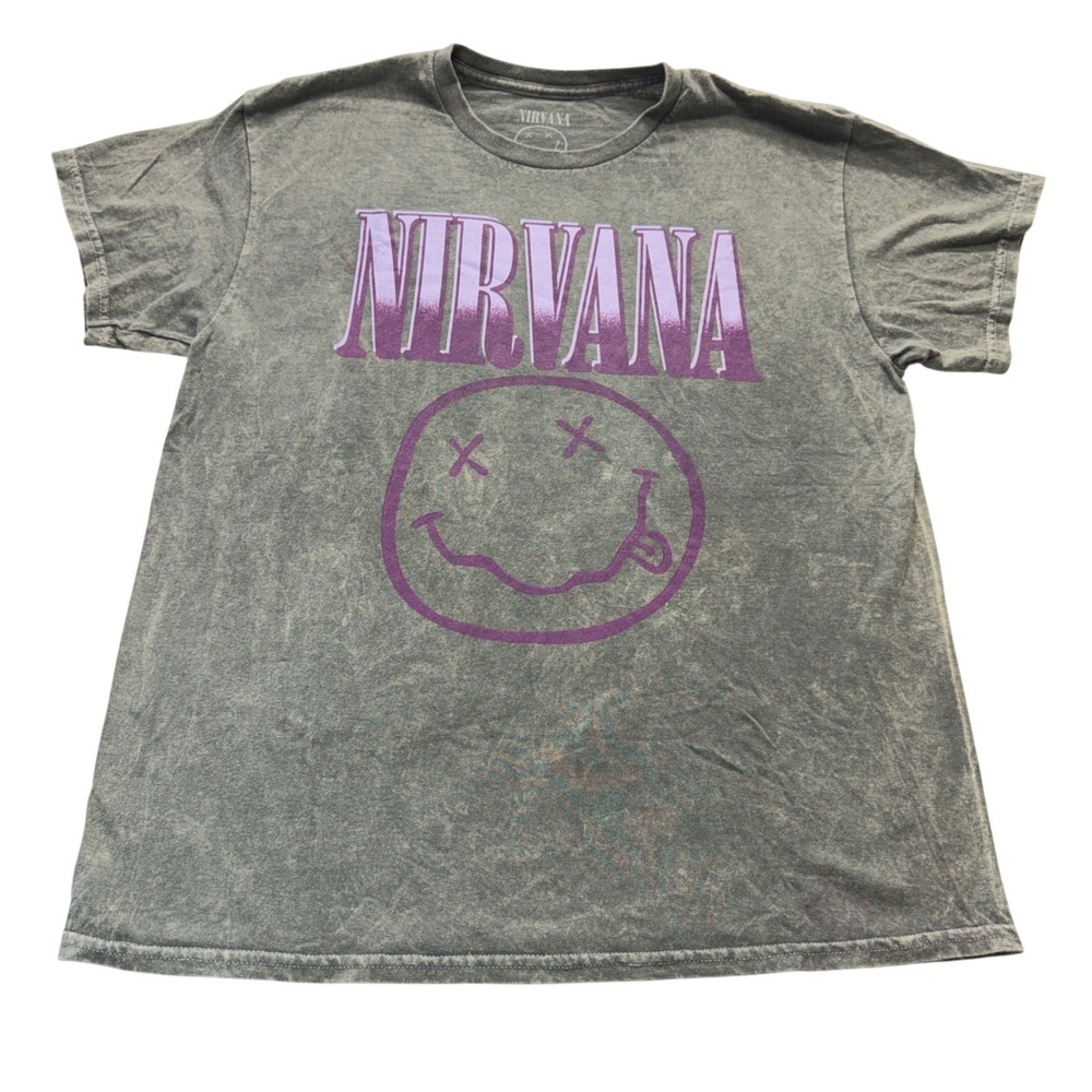 Nirvana Smiley Face Mineral Wash Graphic Tee Unisex L Faded Gray